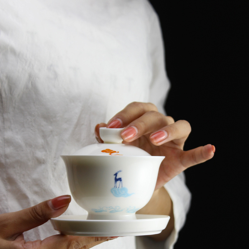 Handmade Ceramic Mug - Gongjiu Color Deer White Porcelain Tea